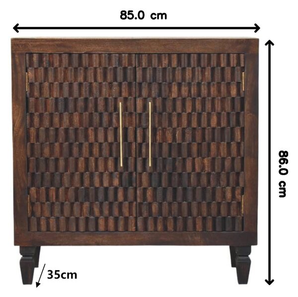 Solid Mango Wood Cabinet with 2 Doors and 2 Shelves, Hand-finished Surface, Table with Playful Animal Carving, 35L x 85W x 86H cm, Brown Aosom UK