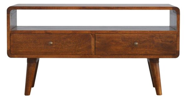 Solid Mango Wood Curved Media Unit with 2 Smooth-Gliding Drawers and Open Shelf, Table for Ample Storage, 35L x 90W x 47H cm, Brown Aosom UK