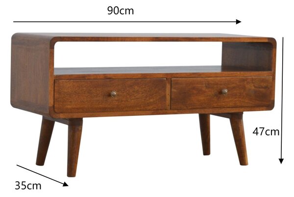 Solid Mango Wood Curved Media Unit with 2 Smooth-Gliding Drawers and Open Shelf, Table for Ample Storage, 35L x 90W x 47H cm, Brown Aosom UK