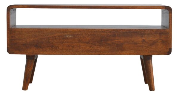 Solid Mango Wood Curved Media Unit with 2 Smooth-Gliding Drawers and Open Shelf, Table for Ample Storage, 35L x 90W x 47H cm, Brown Aosom UK