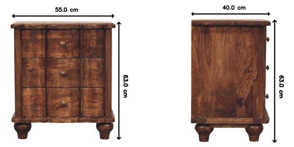 Solid Mango Wood Valencia Bedside Table with Hand-finished Surfaces, Bedside Cabinet with 3 Drawers for Storage, 40L x 55W x 63H cm, Brown Aosom UK