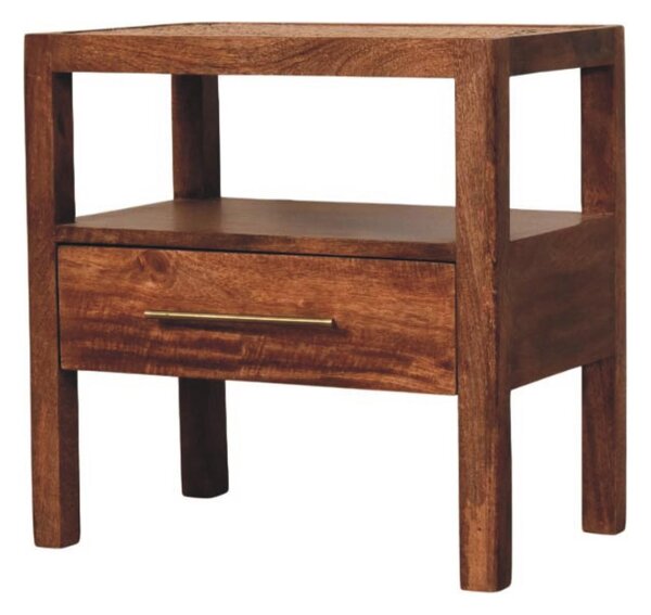 Caldera Solid Mango Wood Bedside Table with Drawer and Shelf, Bedside Cabinet with Hand-finished Design, 35L x 55W x 55H cm, Brown Aosom UK