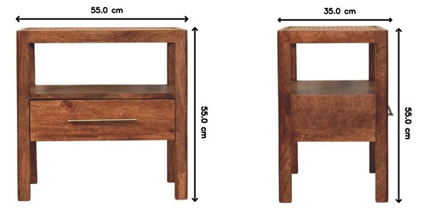 Caldera Solid Mango Wood Bedside Table with Drawer and Shelf, Bedside Cabinet with Hand-finished Design, 35L x 55W x 55H cm, Brown Aosom UK