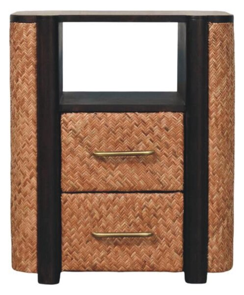 Solid Mango Wood Curved-Edge Rattan Bedside Table with 2 Smooth-gliding Drawers, Bedside Cabinet with Open Shelf, 40L x 50W x 60H cm, Brown Aosom UK