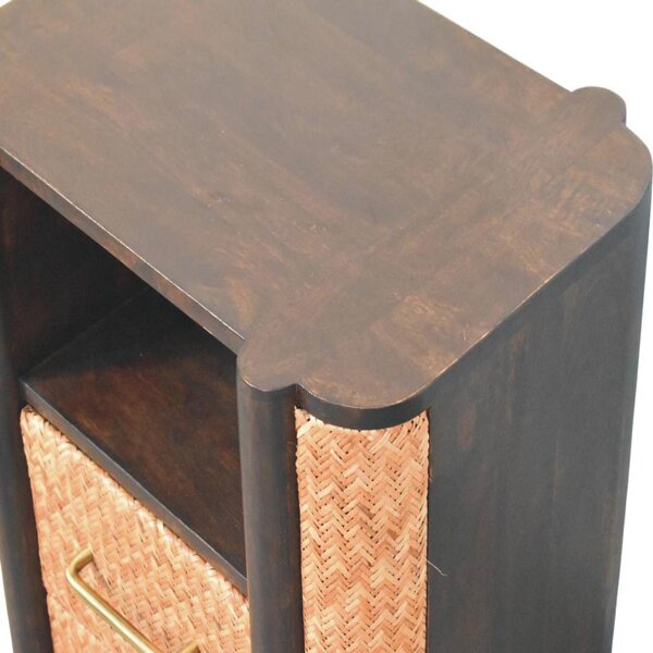 Solid Mango Wood Curved-Edge Rattan Bedside Table with 2 Smooth-gliding Drawers, Bedside Cabinet with Open Shelf, 40L x 50W x 60H cm, Brown Aosom UK