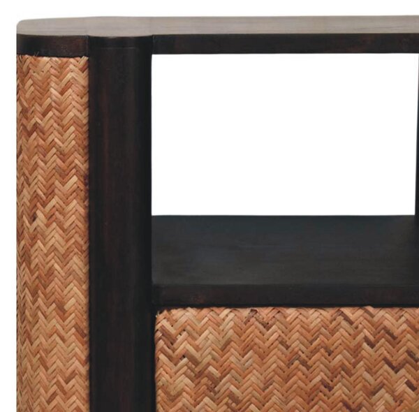 Solid Mango Wood Curved-Edge Rattan Bedside Table with 2 Smooth-gliding Drawers, Bedside Cabinet with Open Shelf, 40L x 50W x 60H cm, Brown Aosom UK