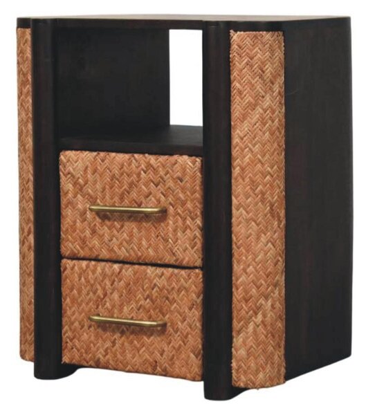 Solid Mango Wood Curved-Edge Rattan Bedside Table with 2 Smooth-gliding Drawers, Bedside Cabinet with Open Shelf, 40L x 50W x 60H cm, Brown Aosom UK
