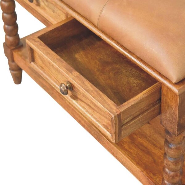 Solid Mango Wood Upholstered Spindle Bench with 2 Smooth‑gliding Drawers, Seat with Open Slot for Storage, 35L x 90W x 55H cm, Brown Aosom UK