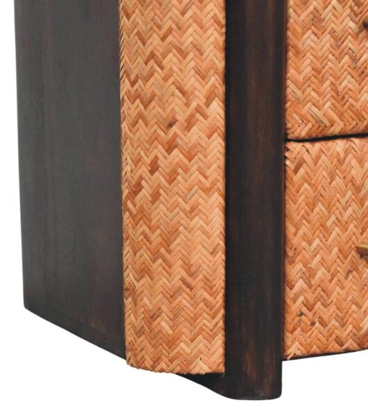 Solid Mango Wood Curved-Edge Rattan Bedside Table with 2 Smooth-gliding Drawers, Bedside Cabinet with Open Shelf, 40L x 50W x 60H cm, Brown Aosom UK