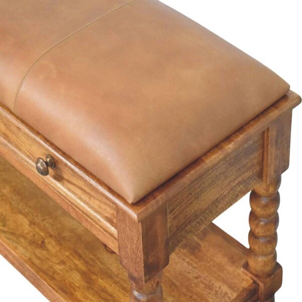 Solid Mango Wood Upholstered Spindle Bench with 2 Smooth‑gliding Drawers, Seat with Open Slot for Storage, 35L x 90W x 55H cm, Brown Aosom UK