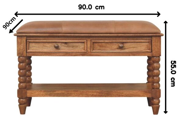 Solid Mango Wood Upholstered Spindle Bench with 2 Smooth‑gliding Drawers, Seat with Open Slot for Storage, 35L x 90W x 55H cm, Brown Aosom UK