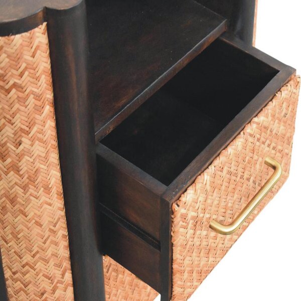 Solid Mango Wood Curved-Edge Rattan Bedside Table with 2 Smooth-gliding Drawers, Bedside Cabinet with Open Shelf, 40L x 50W x 60H cm, Brown Aosom UK