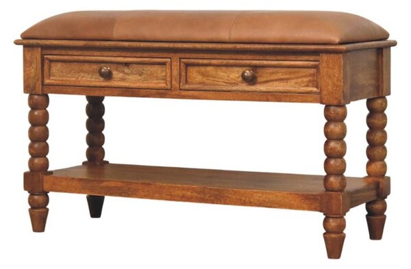 Solid Mango Wood Upholstered Spindle Bench with 2 Smooth‑gliding Drawers, Seat with Open Slot for Storage, 35L x 90W x 55H cm, Brown Aosom UK