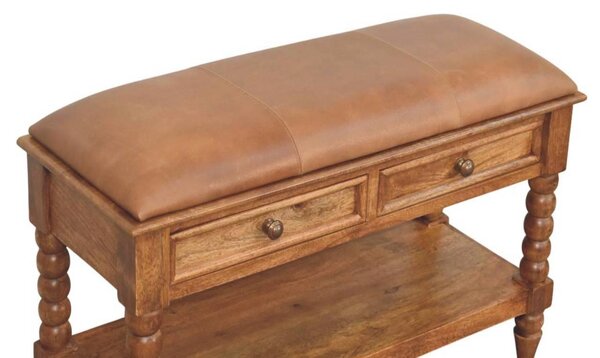 Solid Mango Wood Upholstered Spindle Bench with 2 Smooth‑gliding Drawers, Seat with Open Slot for Storage, 35L x 90W x 55H cm, Brown Aosom UK