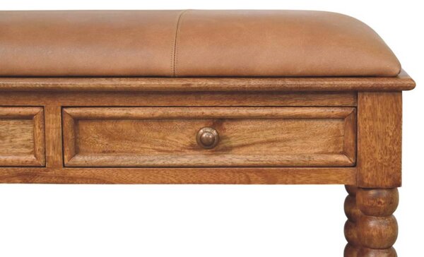 Solid Mango Wood Upholstered Spindle Bench with 2 Smooth‑gliding Drawers, Seat with Open Slot for Storage, 35L x 90W x 55H cm, Brown Aosom UK