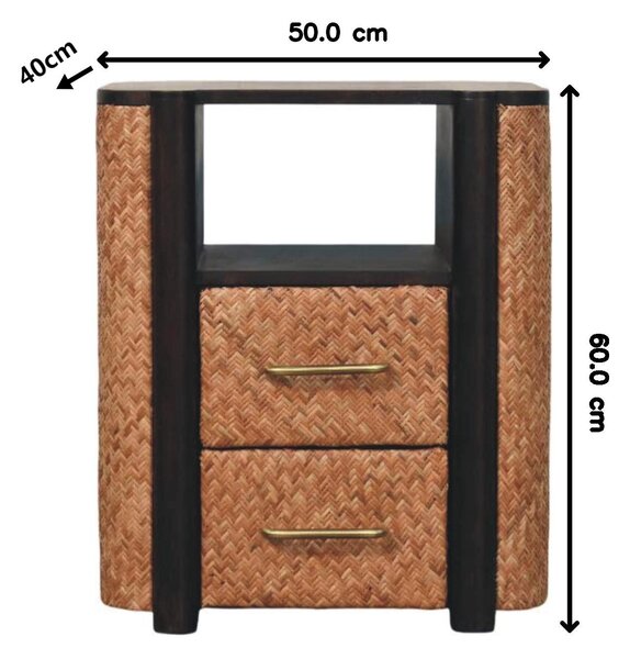 Solid Mango Wood Curved-Edge Rattan Bedside Table with 2 Smooth-gliding Drawers, Bedside Cabinet with Open Shelf, 40L x 50W x 60H cm, Brown Aosom UK