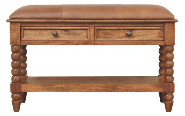Solid Mango Wood Upholstered Spindle Bench with 2 Smooth‑gliding Drawers, Seat with Open Slot for Storage, 35L x 90W x 55H cm, Brown Aosom UK