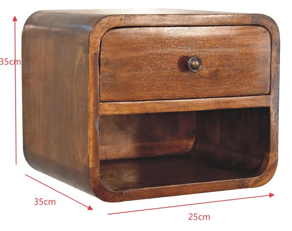 Solid Wood Mini Curve Floating Bedside with Drawer and Open Slot, Bedside Table with Robust Steel Frame, 25L x 30W x 25H cm, Brown Aosom UK