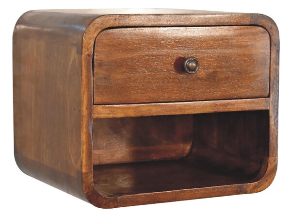Solid Wood Mini Curve Floating Bedside with Drawer and Open Slot, Bedside Table with Robust Steel Frame, 25L x 30W x 25H cm, Brown Aosom UK