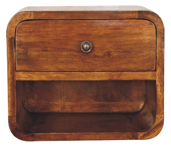 Solid Wood Mini Curve Floating Bedside with Drawer and Open Slot, Bedside Table with Robust Steel Frame, 25L x 30W x 25H cm, Brown Aosom UK