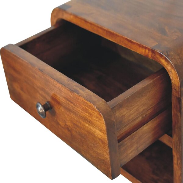 Solid Wood Mini Curve Floating Bedside with Drawer and Open Slot, Bedside Table with Robust Steel Frame, 25L x 30W x 25H cm, Brown Aosom UK