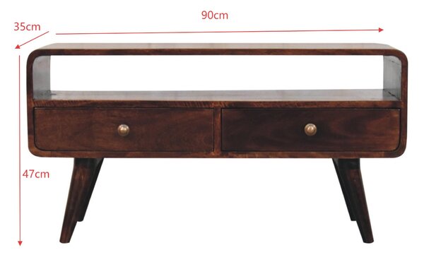 Solid Mango Wood Curved Media Unit with 2 Drawers and Open Shelf, Eco-Conscious TV Unit with Lemon Scent, 35L x 90W x 47H cm, Brown Aosom UK
