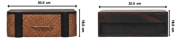 Handcrafted Solid Wood Wall-Mounted Bedside Drawer with Spacious Drawer, Bedside Table with Bronze Metal Accent, 32L x 50W x 18H cm, Brown Aosom UK