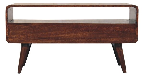 Solid Mango Wood Curved Media Unit with 2 Drawers and Open Shelf, Eco-Conscious TV Unit with Lemon Scent, 35L x 90W x 47H cm, Brown Aosom UK