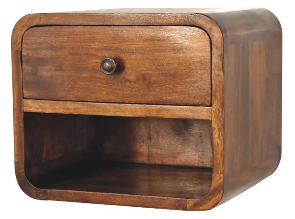 Solid Wood Mini Curve Floating Bedside with Drawer and Open Slot, Bedside Table with Robust Steel Frame, 25L x 30W x 25H cm, Brown Aosom UK