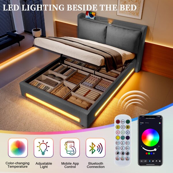Modern Upholstered Bed with Dual USB‑C Ports and LED Lighting, Bed Frame with Hydraulic Lift Storage, 152.5L x 210W x 114H cm, Dark Gray Aosom UK