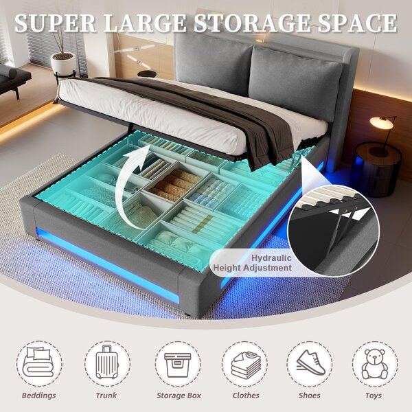 Modern Upholstered Bed with Dual USB‑C Ports and LED Lighting, Bed Frame with Hydraulic Lift Storage, 152.5L x 210W x 114H cm, Dark Gray Aosom UK