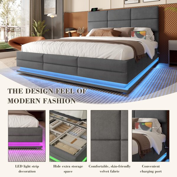 Modern Velvet Upholstered Bed with 3-Stage Adjustable Headboard, Double Bed with LED Lighting and USB, 155L x 202W x 115H cm, Dark Gray Aosom UK