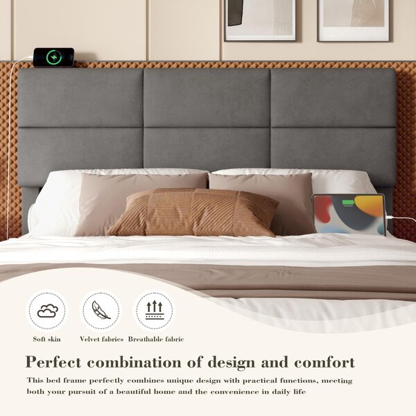 Modern Velvet Upholstered Bed with 3-Stage Adjustable Headboard, Double Bed with LED Lighting and USB, 155L x 202W x 115H cm, Dark Gray Aosom UK