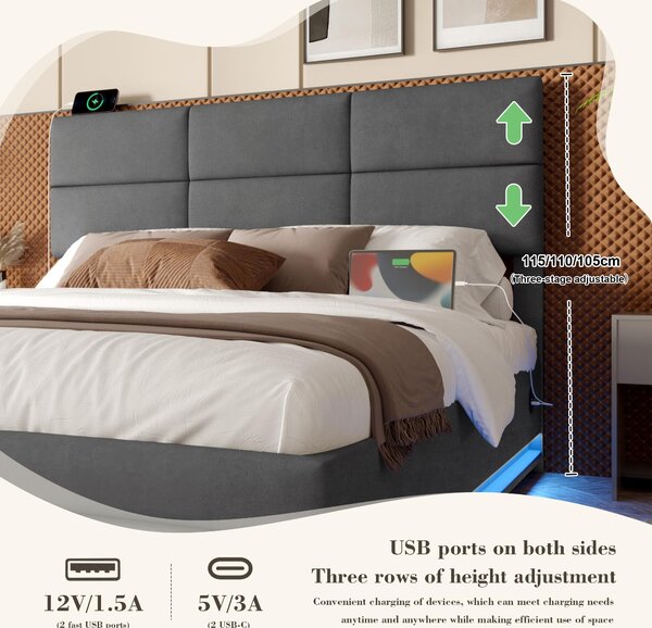 Modern Velvet Upholstered Bed with 3-Stage Adjustable Headboard, Double Bed with LED Lighting and USB, 155L x 202W x 115H cm, Dark Gray Aosom UK