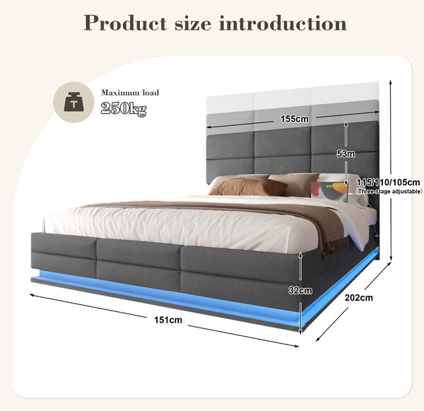 Modern Velvet Upholstered Bed with 3-Stage Adjustable Headboard, Double Bed with LED Lighting and USB, 155L x 202W x 115H cm, Dark Gray Aosom UK