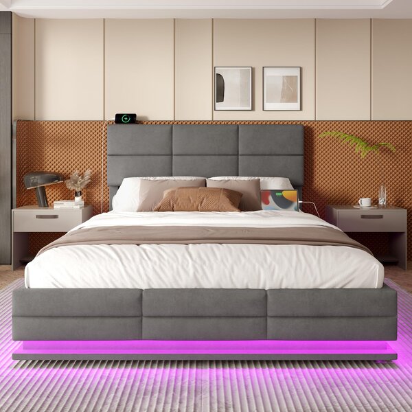 Modern Velvet Upholstered Bed with 3-Stage Adjustable Headboard, Double Bed with LED Lighting and USB, 155L x 202W x 115H cm, Dark Gray Aosom UK
