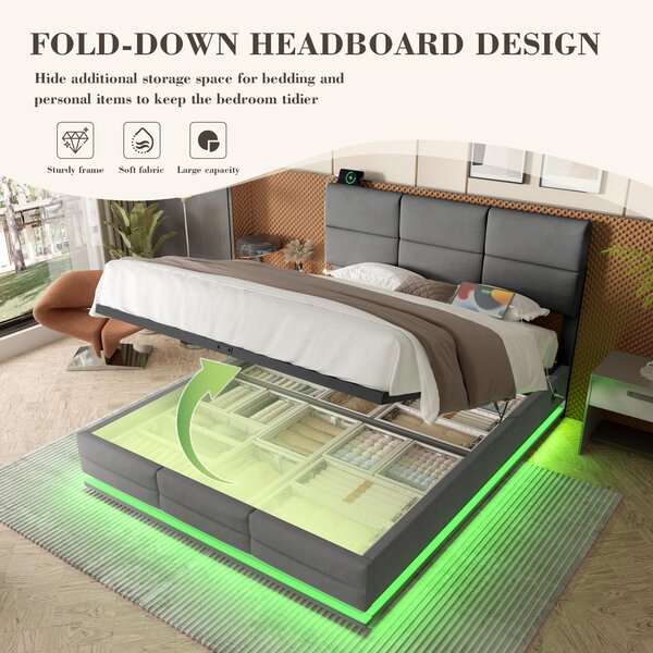 Modern Velvet Upholstered Bed with 3-Stage Adjustable Headboard, Double Bed with LED Lighting and USB, 155L x 202W x 115H cm, Dark Gray Aosom UK