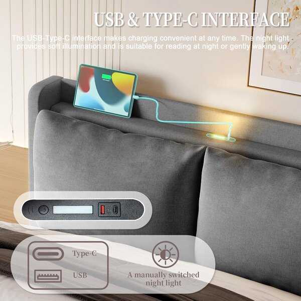 Modern Upholstered Bed with Dual USB‑C Ports and LED Lighting, Bed Frame with Hydraulic Lift Storage, 152.5L x 210W x 114H cm, Dark Gray Aosom UK