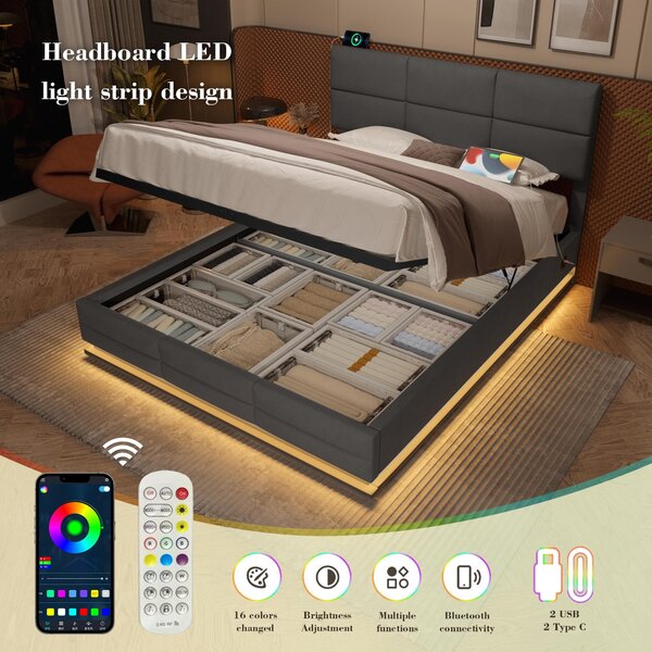 Modern Velvet Upholstered Bed with 3-Stage Adjustable Headboard, Double Bed with LED Lighting and USB, 155L x 202W x 115H cm, Dark Gray Aosom UK