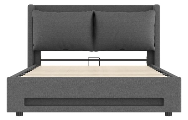 Modern Upholstered Bed with Dual USB‑C Ports and LED Lighting, Bed Frame with Hydraulic Lift Storage, 152.5L x 210W x 114H cm, Dark Gray Aosom UK