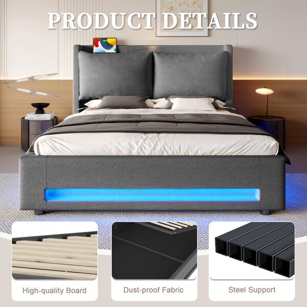 Modern Upholstered Bed with Dual USB‑C Ports and LED Lighting, Bed Frame with Hydraulic Lift Storage, 152.5L x 210W x 114H cm, Dark Gray Aosom UK