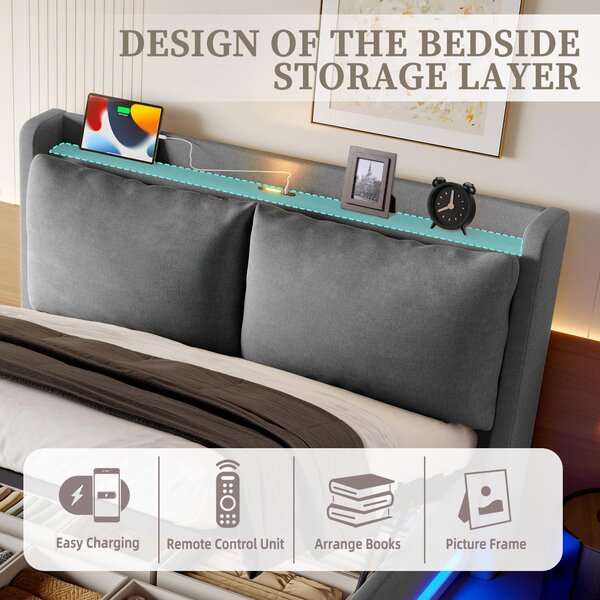 Modern Upholstered Bed with Dual USB‑C Ports and LED Lighting, Bed Frame with Hydraulic Lift Storage, 152.5L x 210W x 114H cm, Dark Gray Aosom UK