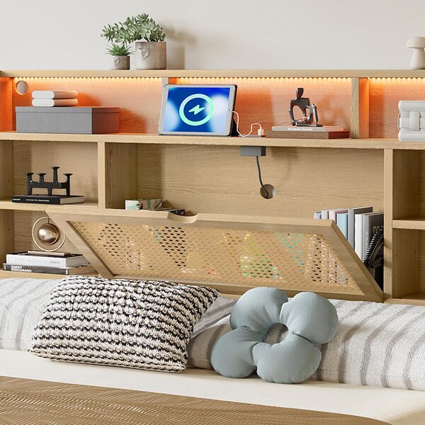 4ft6 Wooden Double Bed with LED Strip Light and Headboard Storage, Storage Bed with Charging Port, 208L x 137.5W x 104.5H cm, Natural+Black Aosom UK