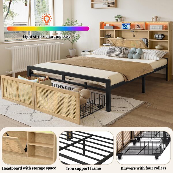 4ft6 Wooden Double Bed with LED Strip Light and Headboard Storage, Storage Bed with Charging Port, 208L x 137.5W x 104.5H cm, Natural+Black Aosom UK