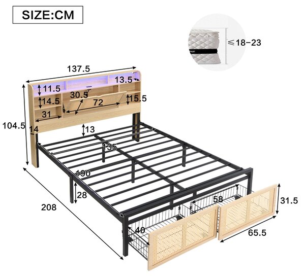 4ft6 Wooden Double Bed with LED Strip Light and Headboard Storage, Storage Bed with Charging Port, 208L x 137.5W x 104.5H cm, Natural+Black Aosom UK