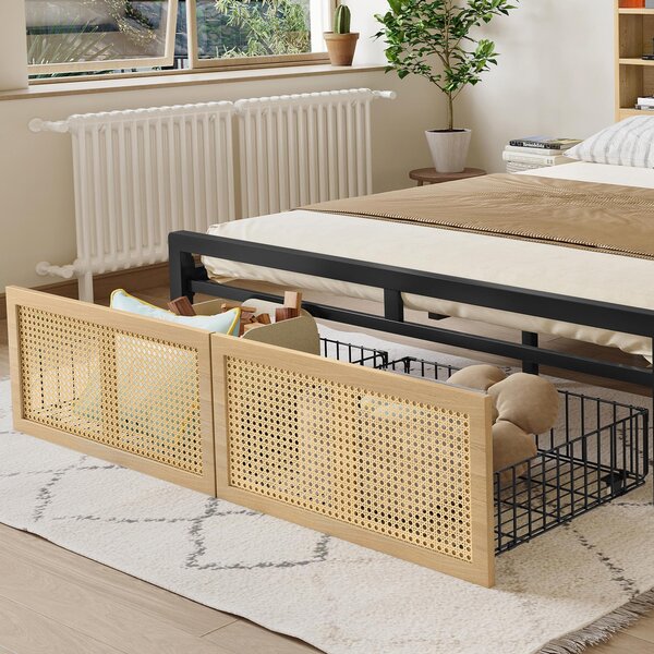 4ft6 Wooden Double Bed with LED Strip Light and Headboard Storage, Storage Bed with Charging Port, 208L x 137.5W x 104.5H cm, Natural+Black Aosom UK