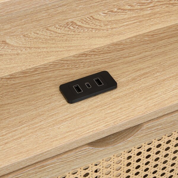 4ft6 Wooden Double Bed with LED Strip Light and Headboard Storage, Storage Bed with Charging Port, 208L x 137.5W x 104.5H cm, Natural+Black Aosom UK