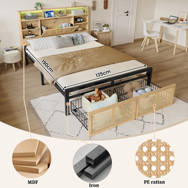 4ft6 Wooden Double Bed with LED Strip Light and Headboard Storage, Storage Bed with Charging Port, 208L x 137.5W x 104.5H cm, Natural+Black Aosom UK
