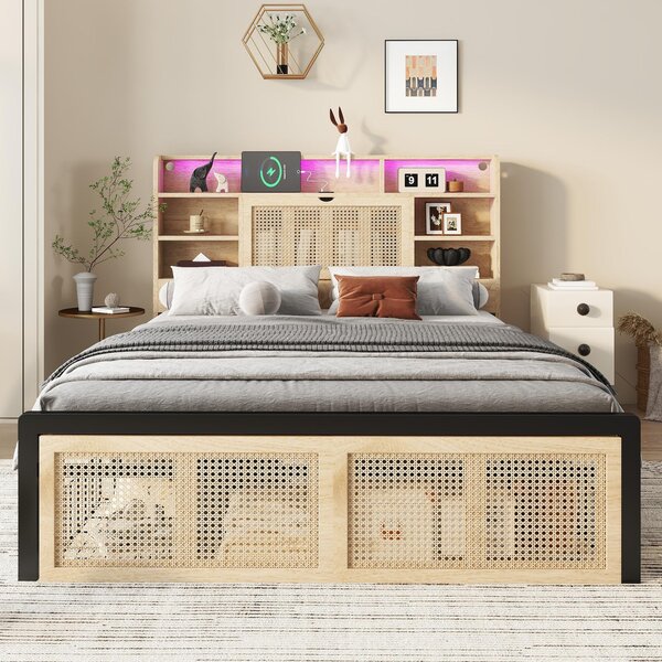 4ft6 Wooden Double Bed with LED Strip Light and Headboard Storage, Storage Bed with Charging Port, 208L x 137.5W x 104.5H cm, Natural+Black Aosom UK