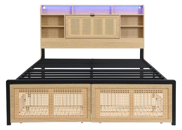 4ft6 Wooden Double Bed with LED Strip Light and Headboard Storage, Storage Bed with Charging Port, 208L x 137.5W x 104.5H cm, Natural+Black Aosom UK